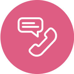 Phone receiver with speech bubble icon on pink background.