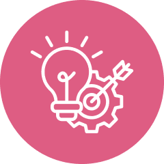 Illustration of a light bulb with a target and gear on a pink background.