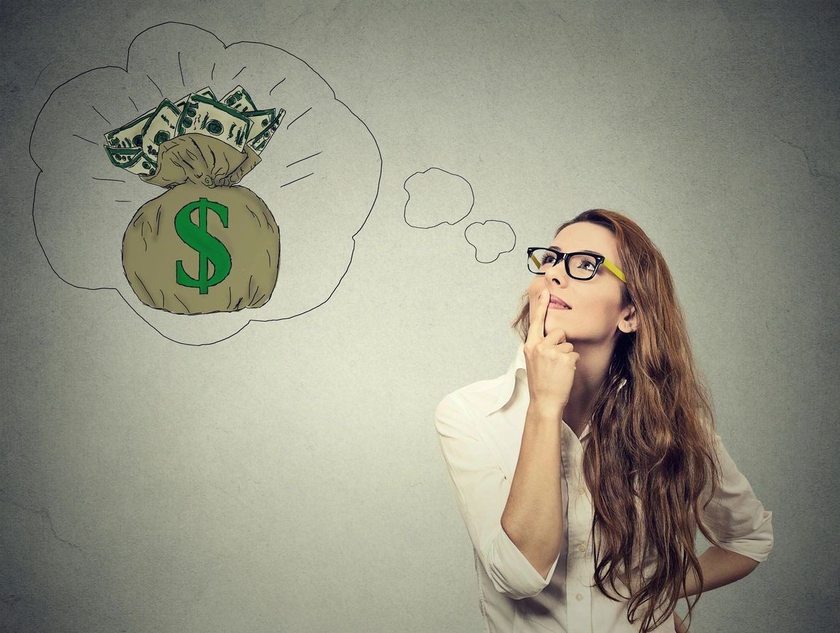 Woman pondering about money, visualized by a thought bubble with a dollar sign.