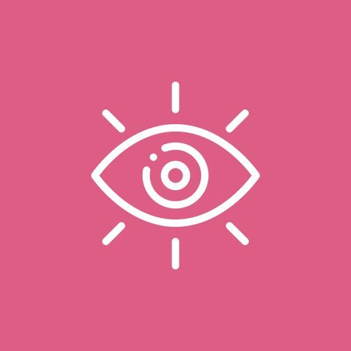 A white eye icon with rays on a pink background.